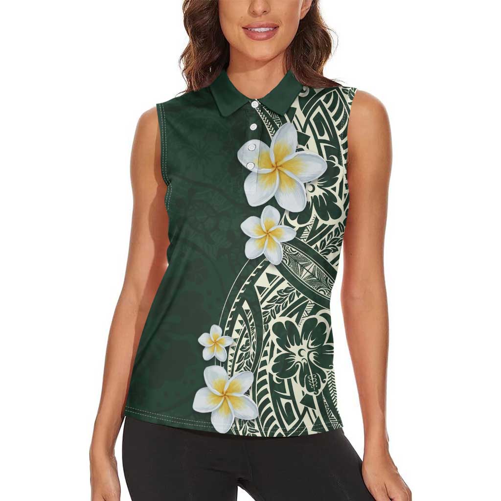 Plumeria Women Sleeveless Polo Shirt Polynesian Tribal Frangipani Green LT03 - Polynesian Pride