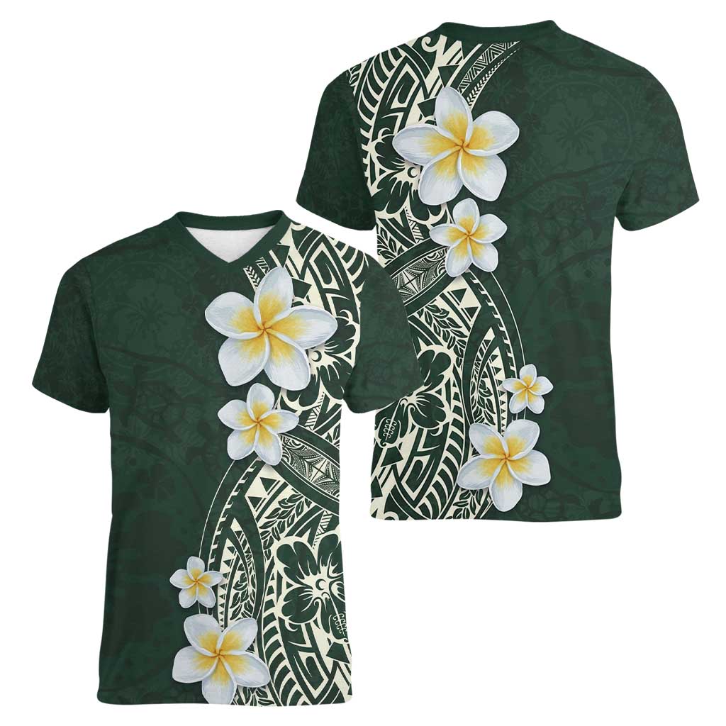Plumeria Women V-Neck T-Shirt Polynesian Tribal Frangipani Green LT03 - Polynesian Pride