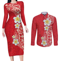 Plumeria Couples Matching Long Sleeve Bodycon Dress and Long Sleeve Button Shirt Polynesian Tribal Frangipani Red