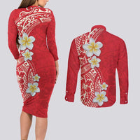 Plumeria Couples Matching Long Sleeve Bodycon Dress and Long Sleeve Button Shirt Polynesian Tribal Frangipani Red