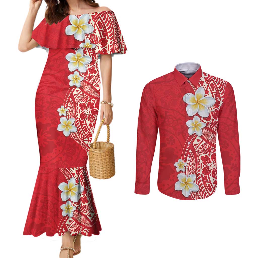 Plumeria Couples Matching Mermaid Dress and Long Sleeve Button Shirt Polynesian Tribal Frangipani Red