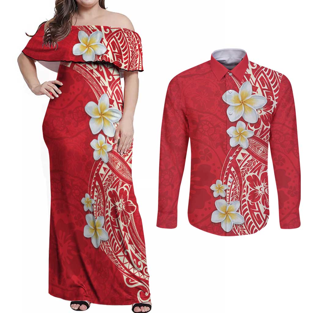 Plumeria Couples Matching Off Shoulder Maxi Dress and Long Sleeve Button Shirt Polynesian Tribal Frangipani Red