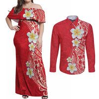 Plumeria Couples Matching Off Shoulder Maxi Dress and Long Sleeve Button Shirt Polynesian Tribal Frangipani Red