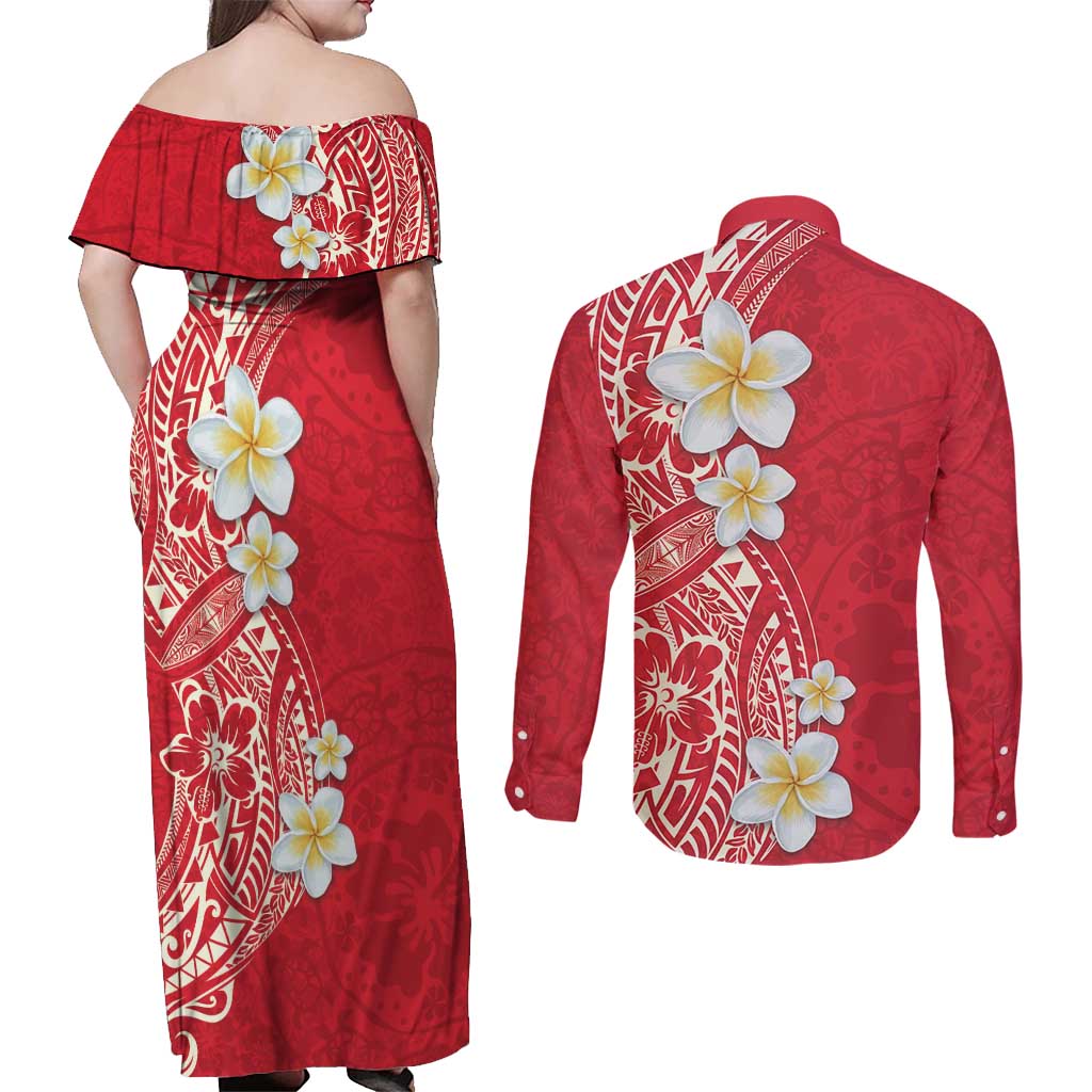Plumeria Couples Matching Off Shoulder Maxi Dress and Long Sleeve Button Shirt Polynesian Tribal Frangipani Red