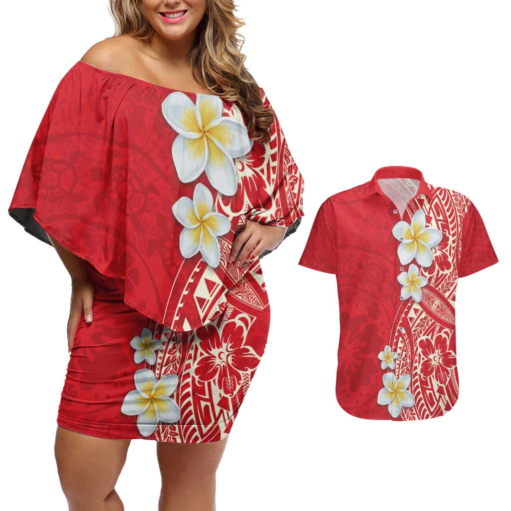 Plumeria Couples Matching Off Shoulder Short Dress and Hawaiian Shirt Polynesian Tribal Frangipani Red