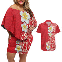 Plumeria Couples Matching Off Shoulder Short Dress and Hawaiian Shirt Polynesian Tribal Frangipani Red