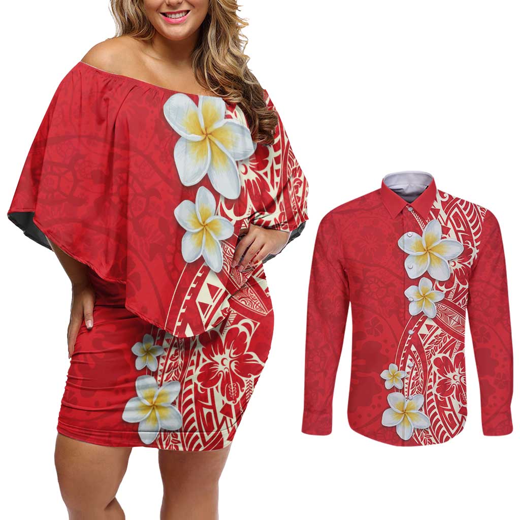 Plumeria Couples Matching Off Shoulder Short Dress and Long Sleeve Button Shirt Polynesian Tribal Frangipani Red