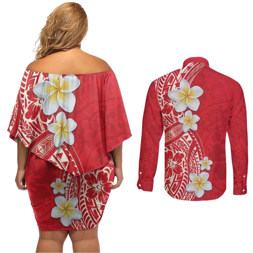 Plumeria Couples Matching Off Shoulder Short Dress and Long Sleeve Button Shirt Polynesian Tribal Frangipani Red