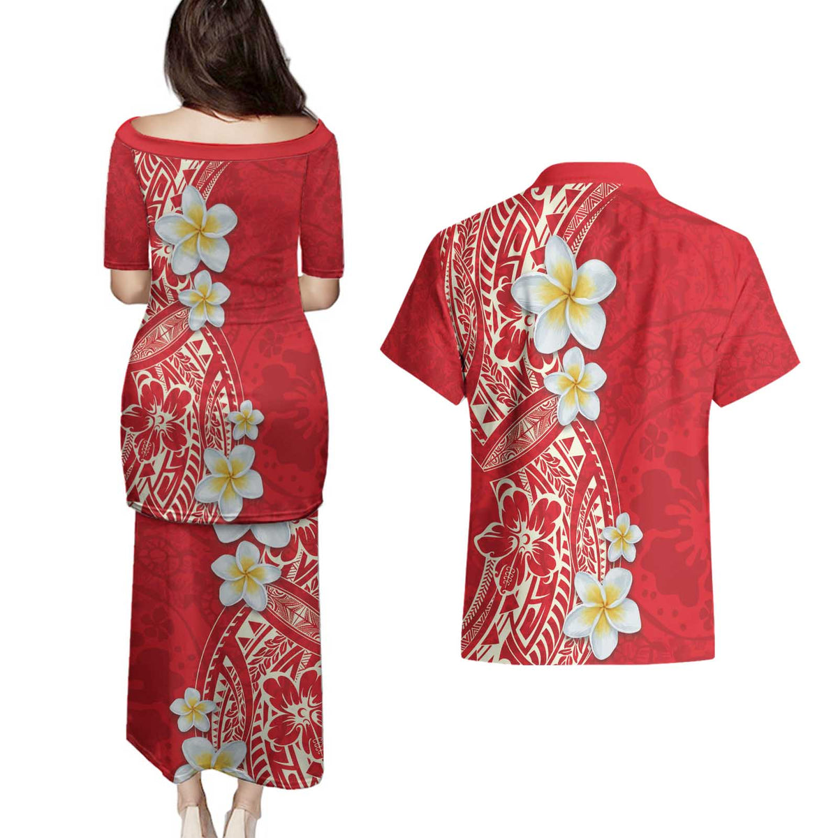 Plumeria Couples Matching Puletasi and Hawaiian Shirt Polynesian Tribal Frangipani Red