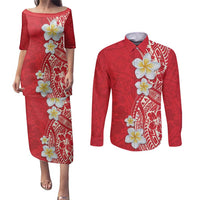 Plumeria Couples Matching Puletasi and Long Sleeve Button Shirt Polynesian Tribal Frangipani Red