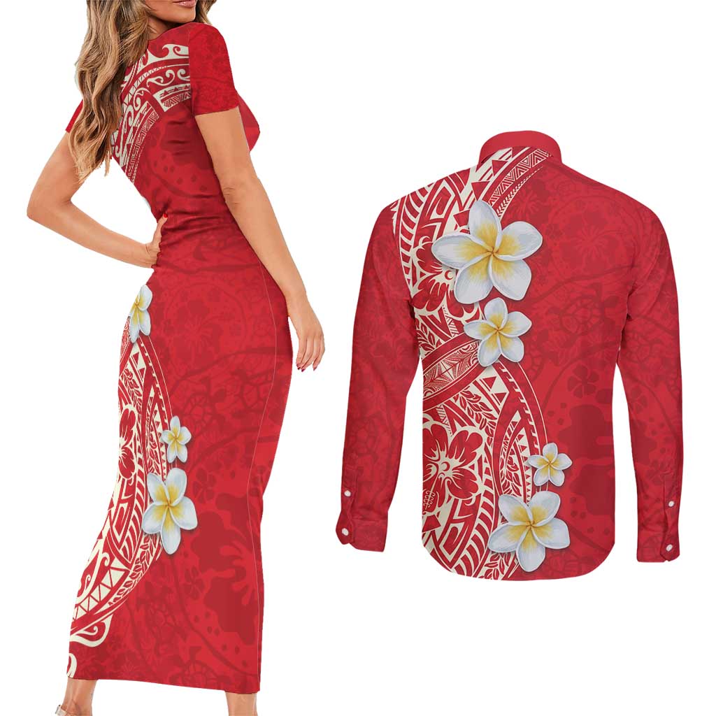 Plumeria Couples Matching Short Sleeve Bodycon Dress and Long Sleeve Button Shirt Polynesian Tribal Frangipani Red