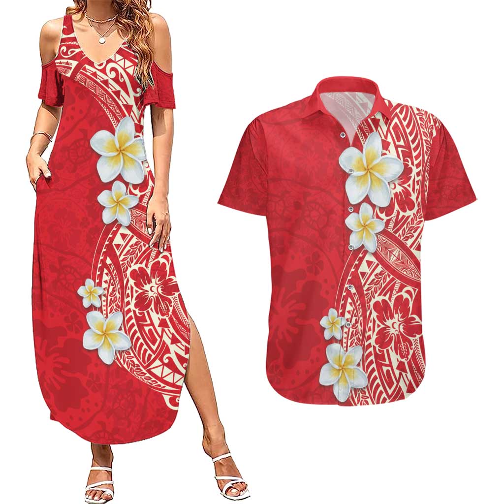 Plumeria Couples Matching Summer Maxi Dress and Hawaiian Shirt Polynesian Tribal Frangipani Red