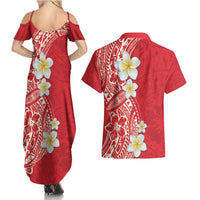 Plumeria Couples Matching Summer Maxi Dress and Hawaiian Shirt Polynesian Tribal Frangipani Red