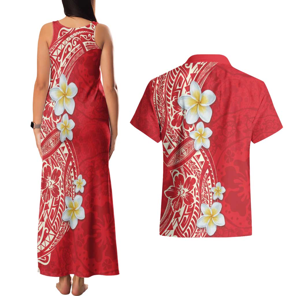 Plumeria Couples Matching Tank Maxi Dress and Hawaiian Shirt Polynesian Tribal Frangipani Red