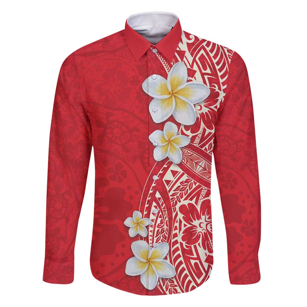 Plumeria Family Matching Long Sleeve Bodycon Dress and Hawaiian Shirt Polynesian Tribal Frangipani Red LT03 Dad's Shirt - Long Sleeve Red - Polynesian Pride