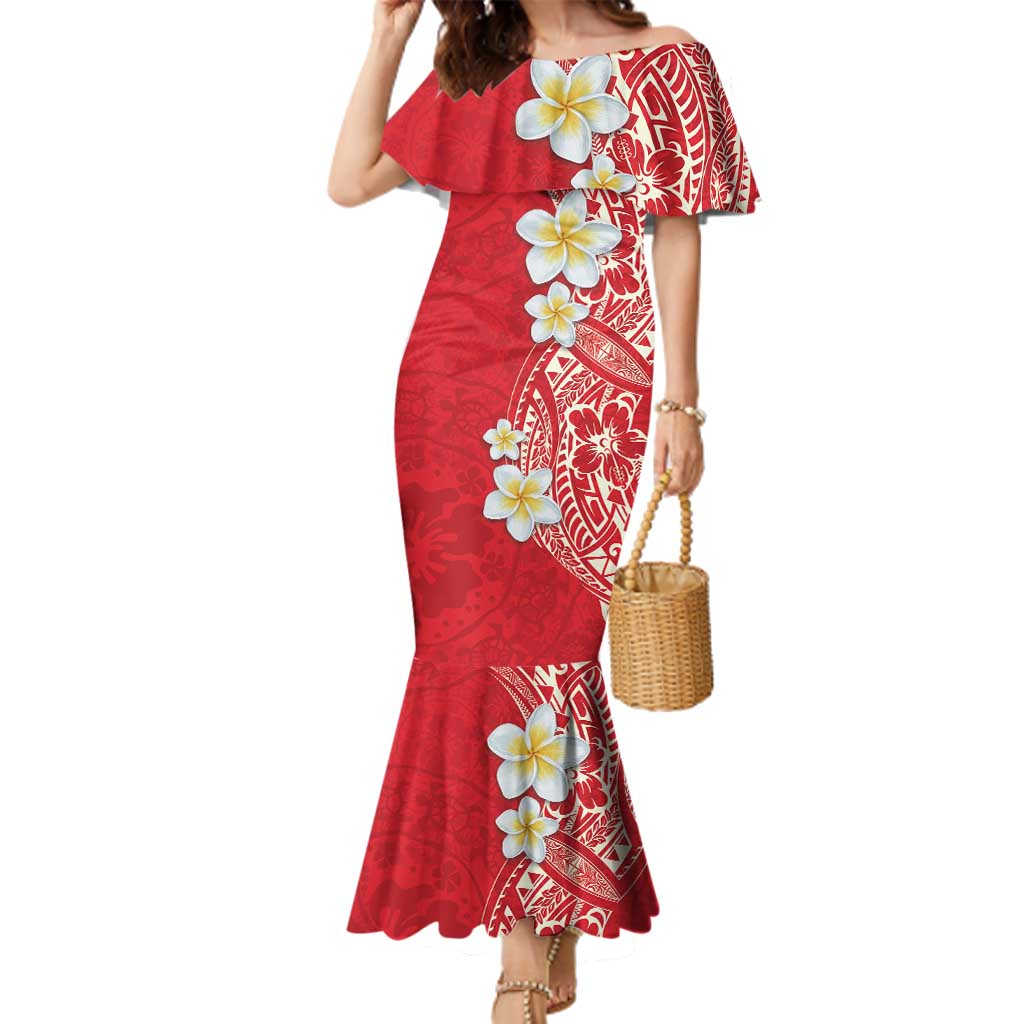 Plumeria Family Matching Mermaid Dress and Hawaiian Shirt Polynesian Tribal Frangipani Red LT03 Mom's Dress Red - Polynesian Pride