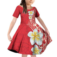 Plumeria Family Matching Off Shoulder Short Dress and Hawaiian Shirt Polynesian Tribal Frangipani Red LT03 Daughter's Dress Red - Polynesian Pride