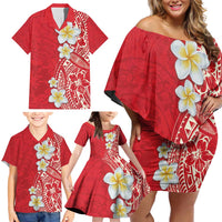 Plumeria Family Matching Off Shoulder Short Dress and Hawaiian Shirt Polynesian Tribal Frangipani Red LT03 - Polynesian Pride