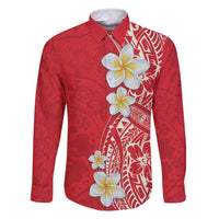 Plumeria Family Matching Off Shoulder Short Dress and Hawaiian Shirt Polynesian Tribal Frangipani Red LT03 Dad's Shirt - Long Sleeve Red - Polynesian Pride