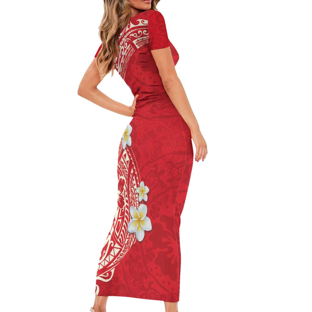 Plumeria Family Matching Short Sleeve Bodycon Dress and Hawaiian Shirt Polynesian Tribal Frangipani Red LT03 - Polynesian Pride
