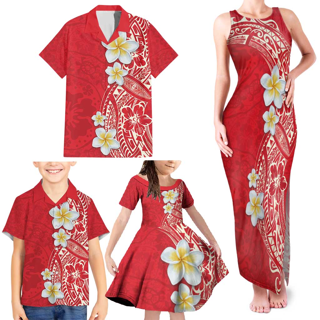 Plumeria Family Matching Tank Maxi Dress and Hawaiian Shirt Polynesian Tribal Frangipani Red LT03 - Polynesian Pride