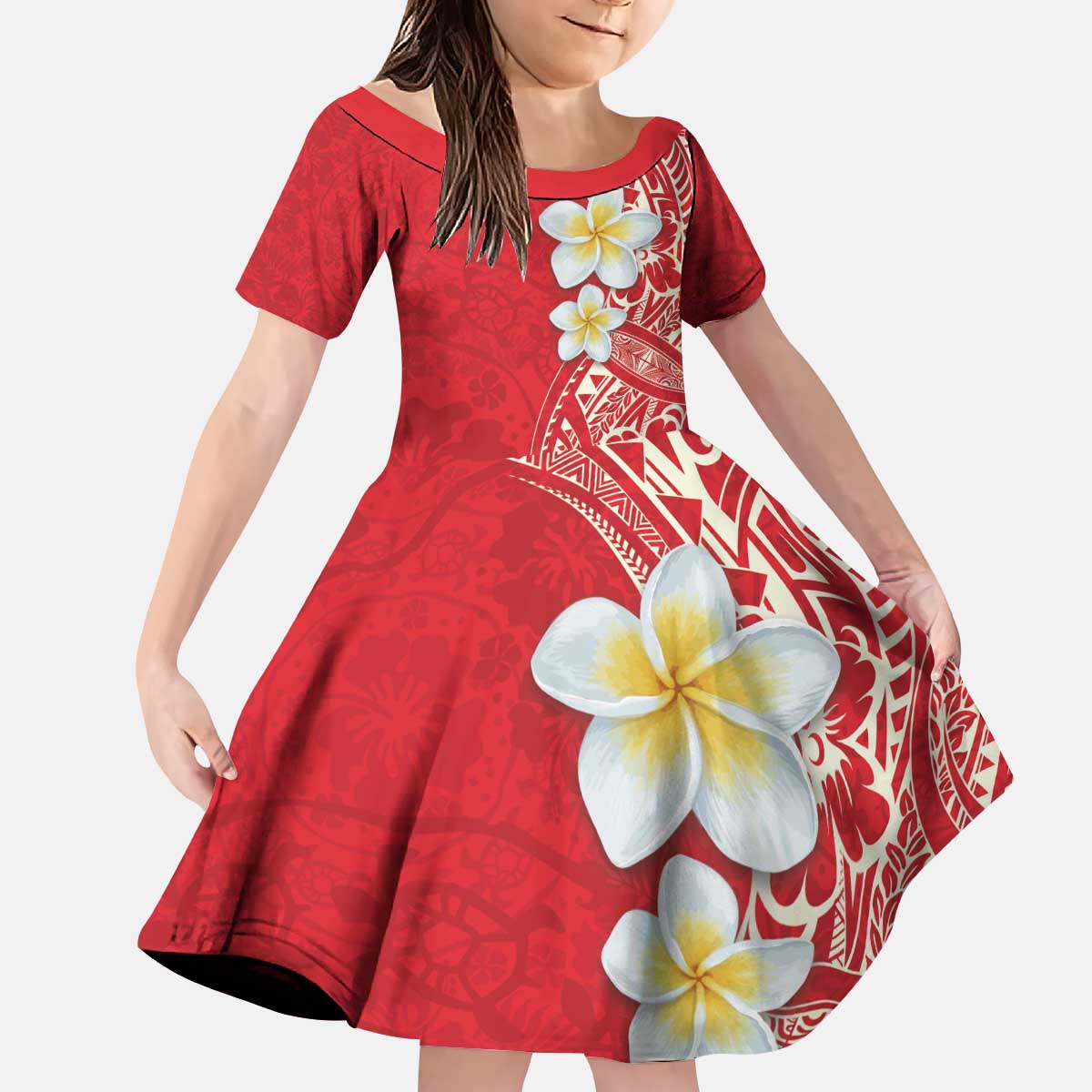Plumeria Kid Short Sleeve Dress Polynesian Tribal Frangipani Red LT03 KID Red - Polynesian Pride