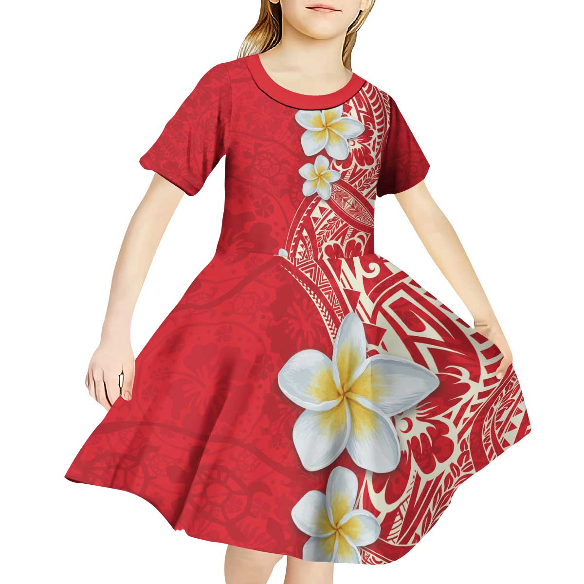 Plumeria Kid Short Sleeve Dress Polynesian Tribal Frangipani Red LT03 - Polynesian Pride