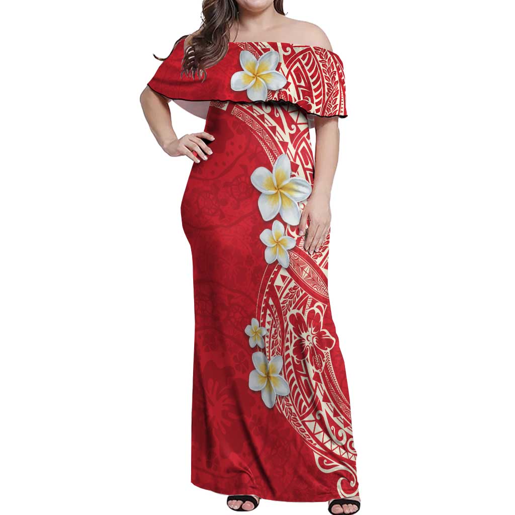 Plumeria Off Shoulder Maxi Dress Polynesian Tribal Frangipani Red