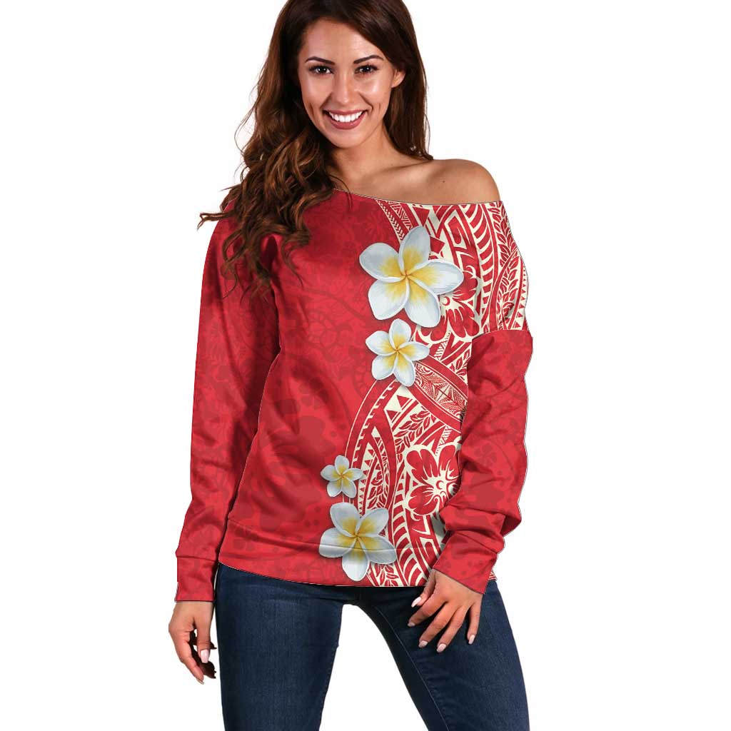 Plumeria Off Shoulder Sweater Polynesian Tribal Frangipani Red