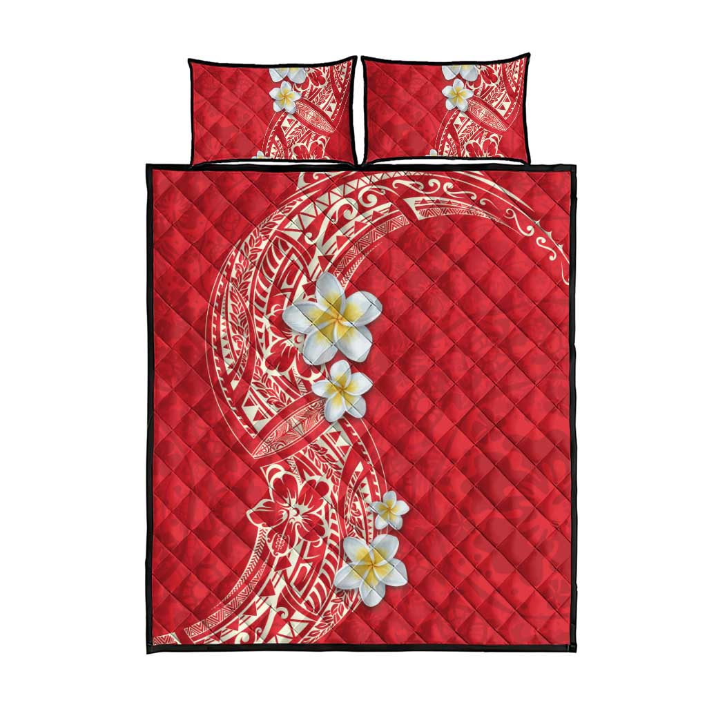 Plumeria Quilt Bed Set Polynesian Tribal Frangipani Red
