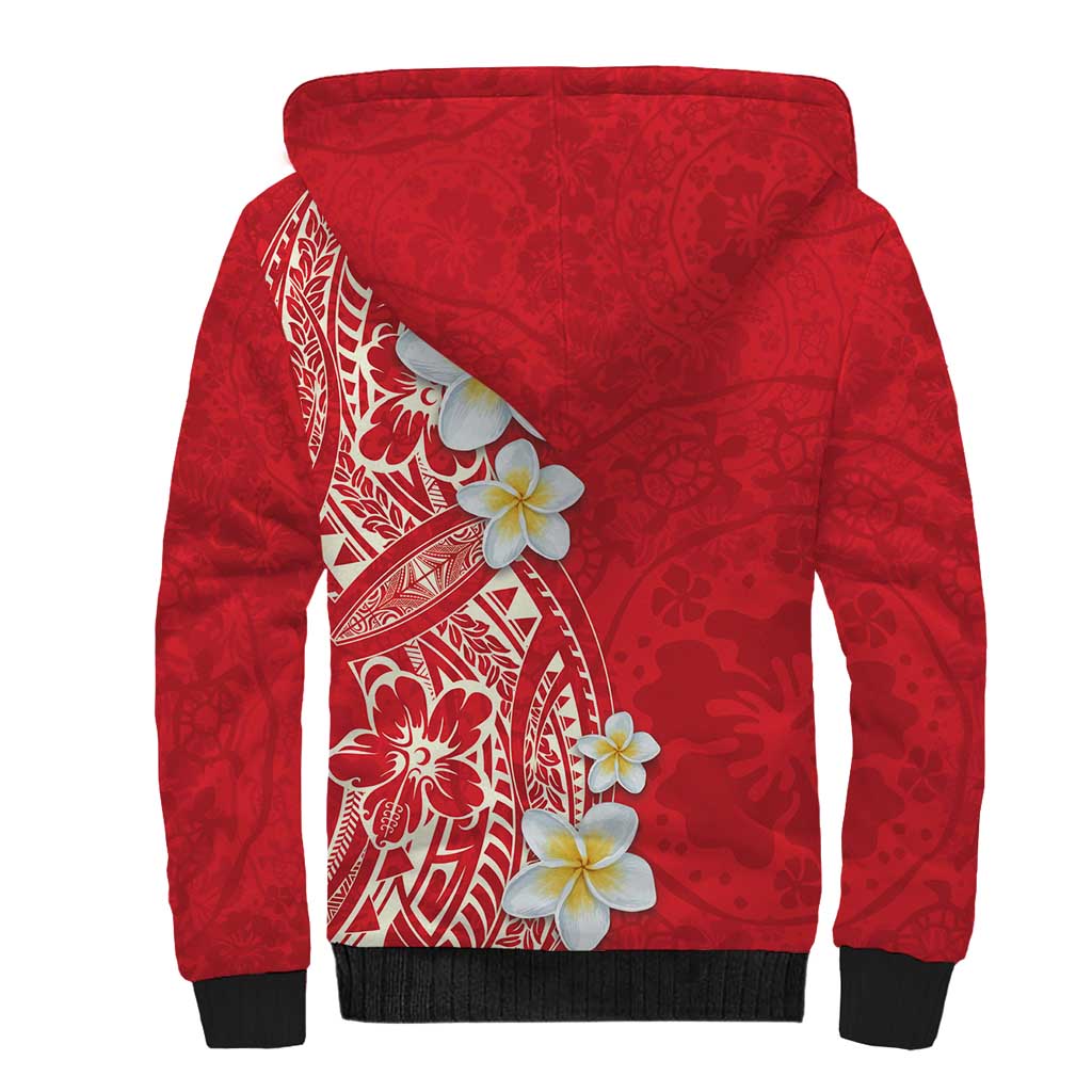 Plumeria Sherpa Hoodie Polynesian Tribal Frangipani Red