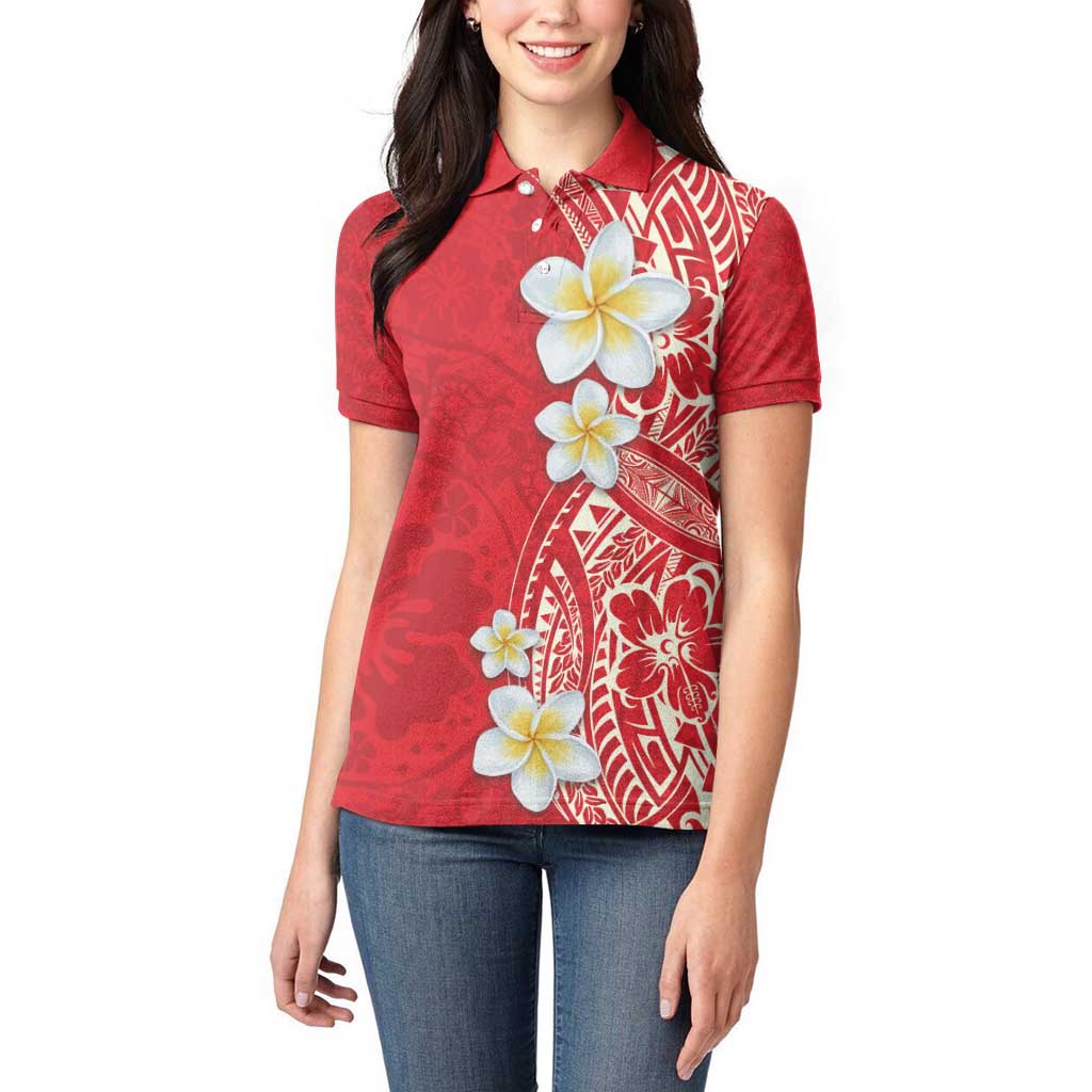 Plumeria Women Polo Shirt Polynesian Tribal Frangipani Red