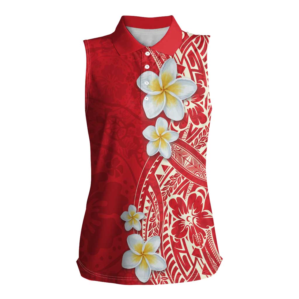 Plumeria Women Sleeveless Polo Shirt Polynesian Tribal Frangipani Red LT03 Female Red - Polynesian Pride
