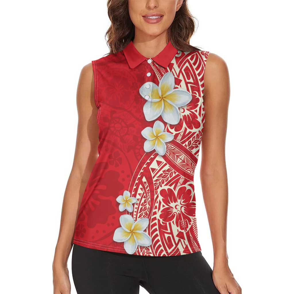 Plumeria Women Sleeveless Polo Shirt Polynesian Tribal Frangipani Red LT03 - Polynesian Pride