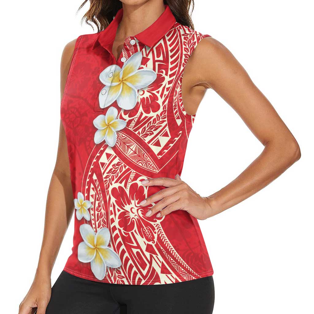 Plumeria Women Sleeveless Polo Shirt Polynesian Tribal Frangipani Red LT03 - Polynesian Pride