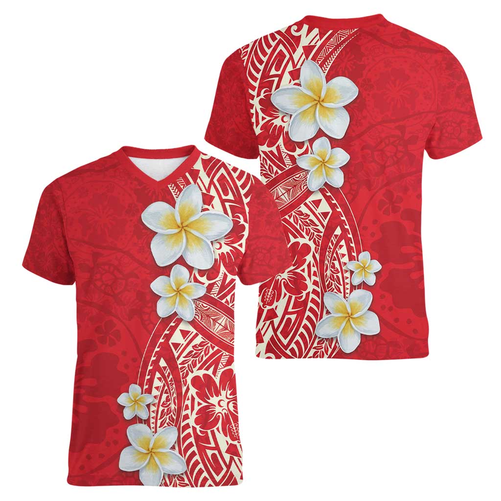 Plumeria Women V-Neck T-Shirt Polynesian Tribal Frangipani Red LT03 - Polynesian Pride
