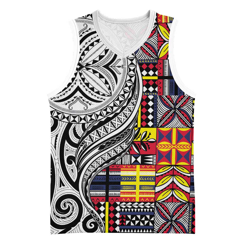 Niue Hiapo and Maori Decoration Tattoos Basketball Jersey LT03 Unisex White - Polynesian Pride