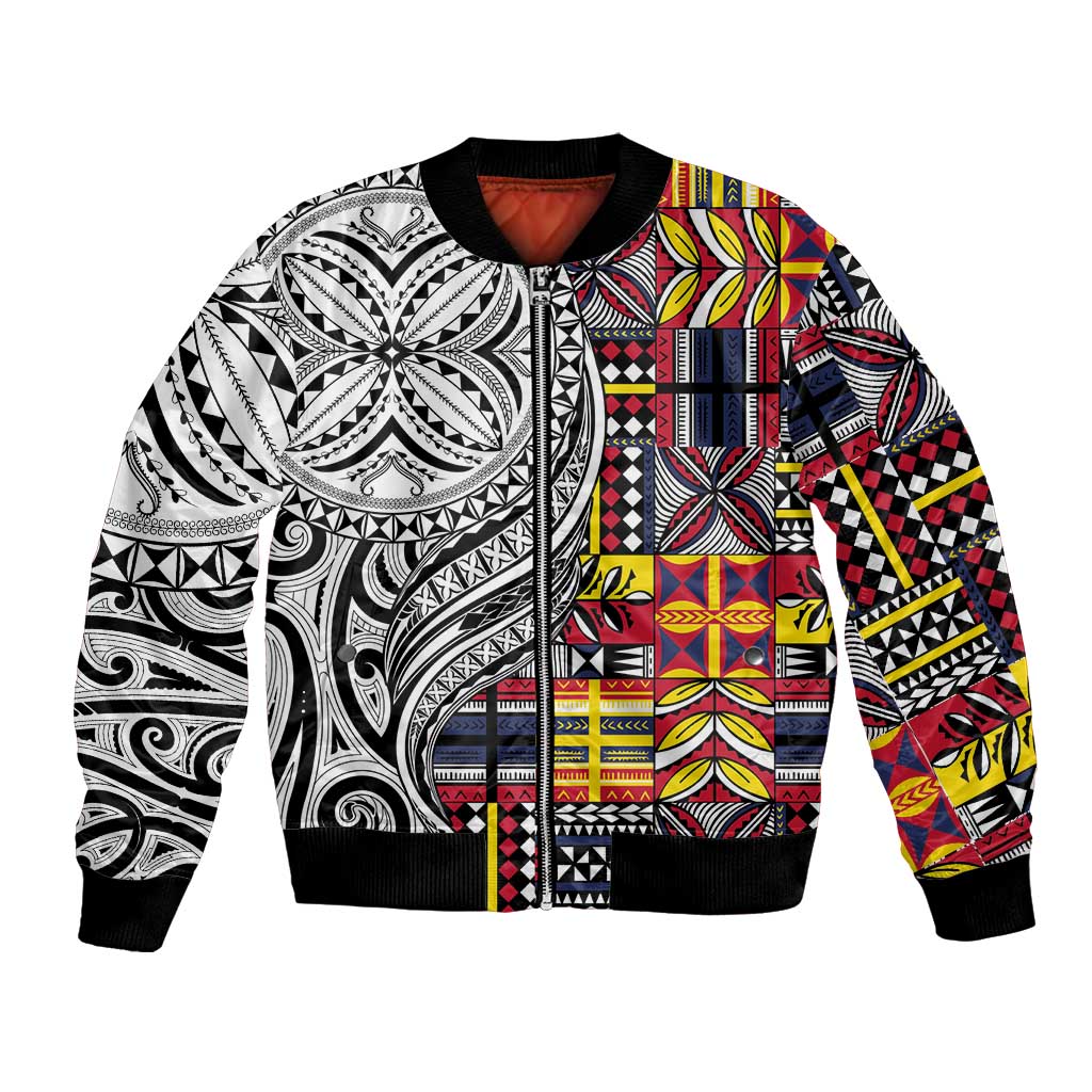 Niue Hiapo and Maori Decoration Tattoos Bomber Jacket LT03 Unisex White - Polynesian Pride