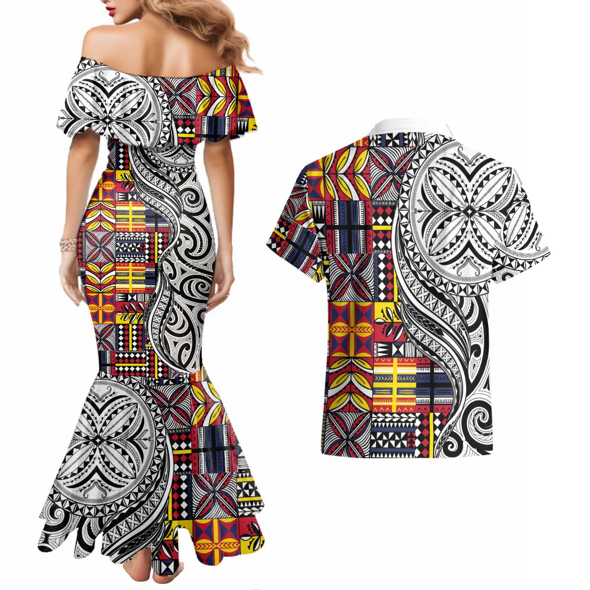 Niue Hiapo and Maori Decoration Tattoos Couples Matching Mermaid Dress and Hawaiian Shirt - Polynesian Pride