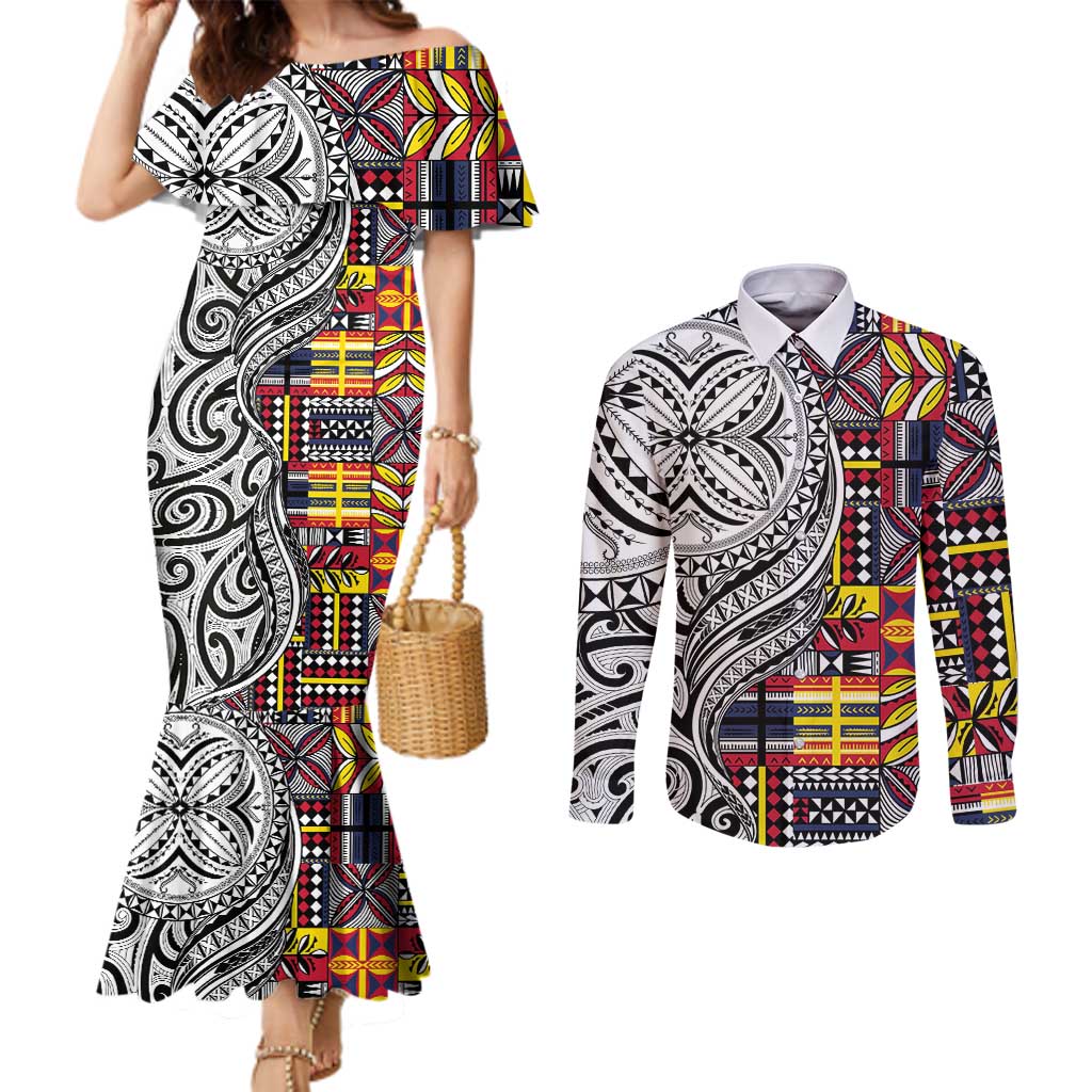 Niue Hiapo and Maori Decoration Tattoos Couples Matching Mermaid Dress and Long Sleeve Button Shirt - Polynesian Pride