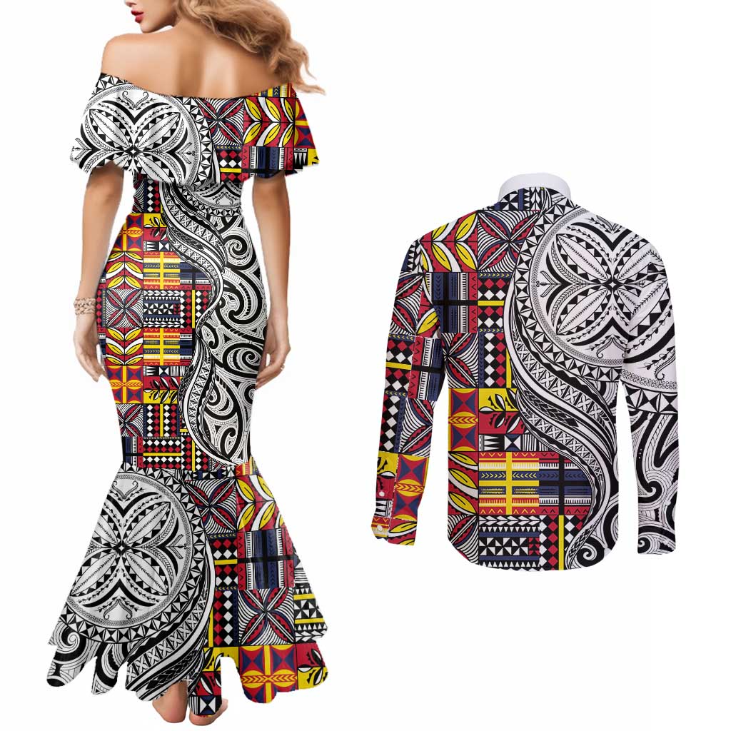 Niue Hiapo and Maori Decoration Tattoos Couples Matching Mermaid Dress and Long Sleeve Button Shirt - Polynesian Pride