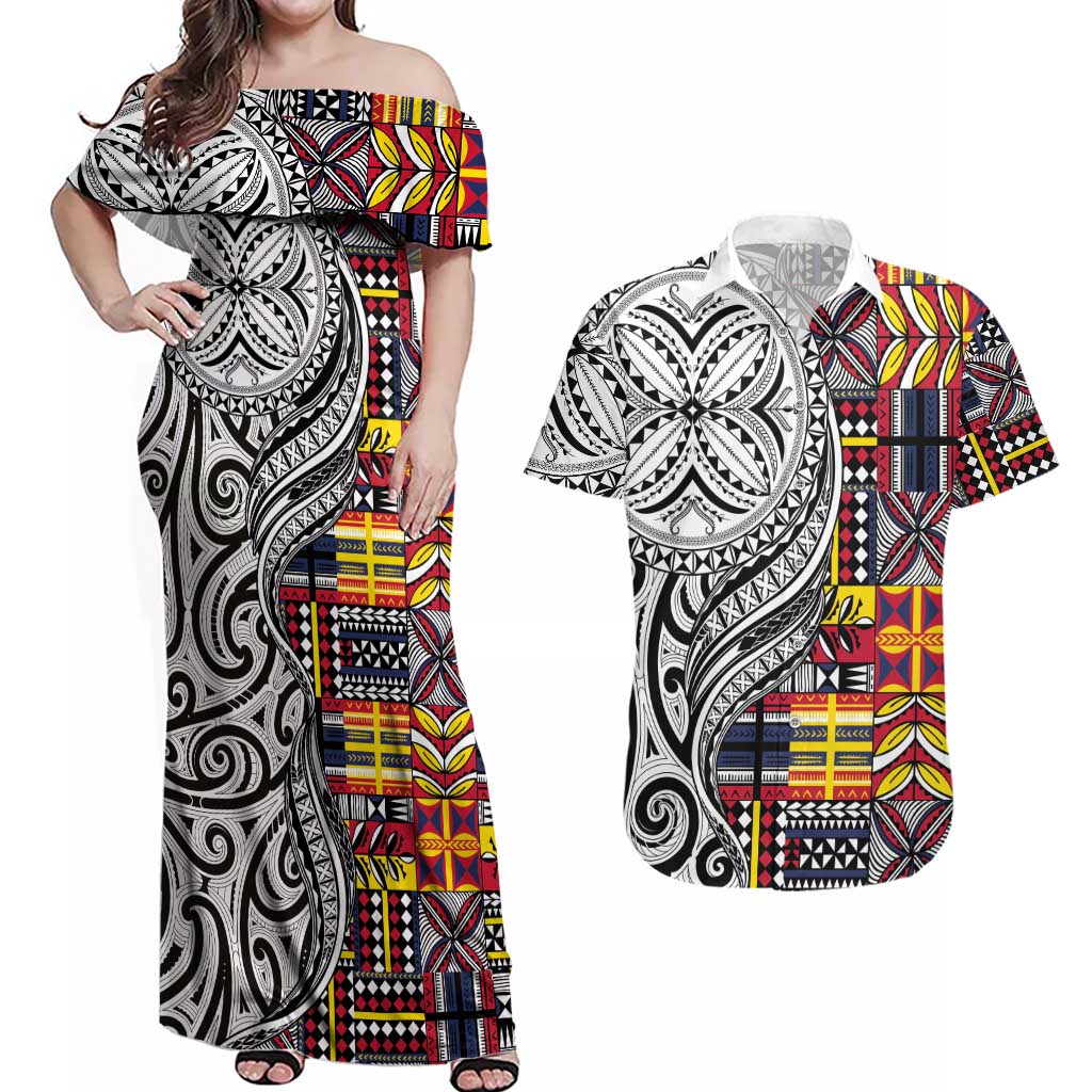 Niue Hiapo and Maori Decoration Tattoos Couples Matching Off Shoulder Maxi Dress and Hawaiian Shirt - Polynesian Pride