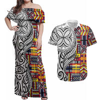 Niue Hiapo and Maori Decoration Tattoos Couples Matching Off Shoulder Maxi Dress and Hawaiian Shirt - Polynesian Pride