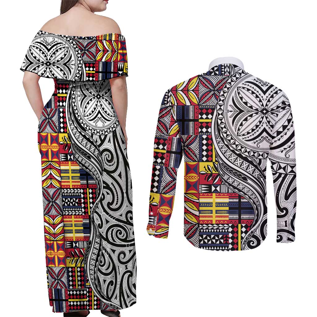 Niue Hiapo and Maori Decoration Tattoos Couples Matching Off Shoulder Maxi Dress and Long Sleeve Button Shirt - Polynesian Pride