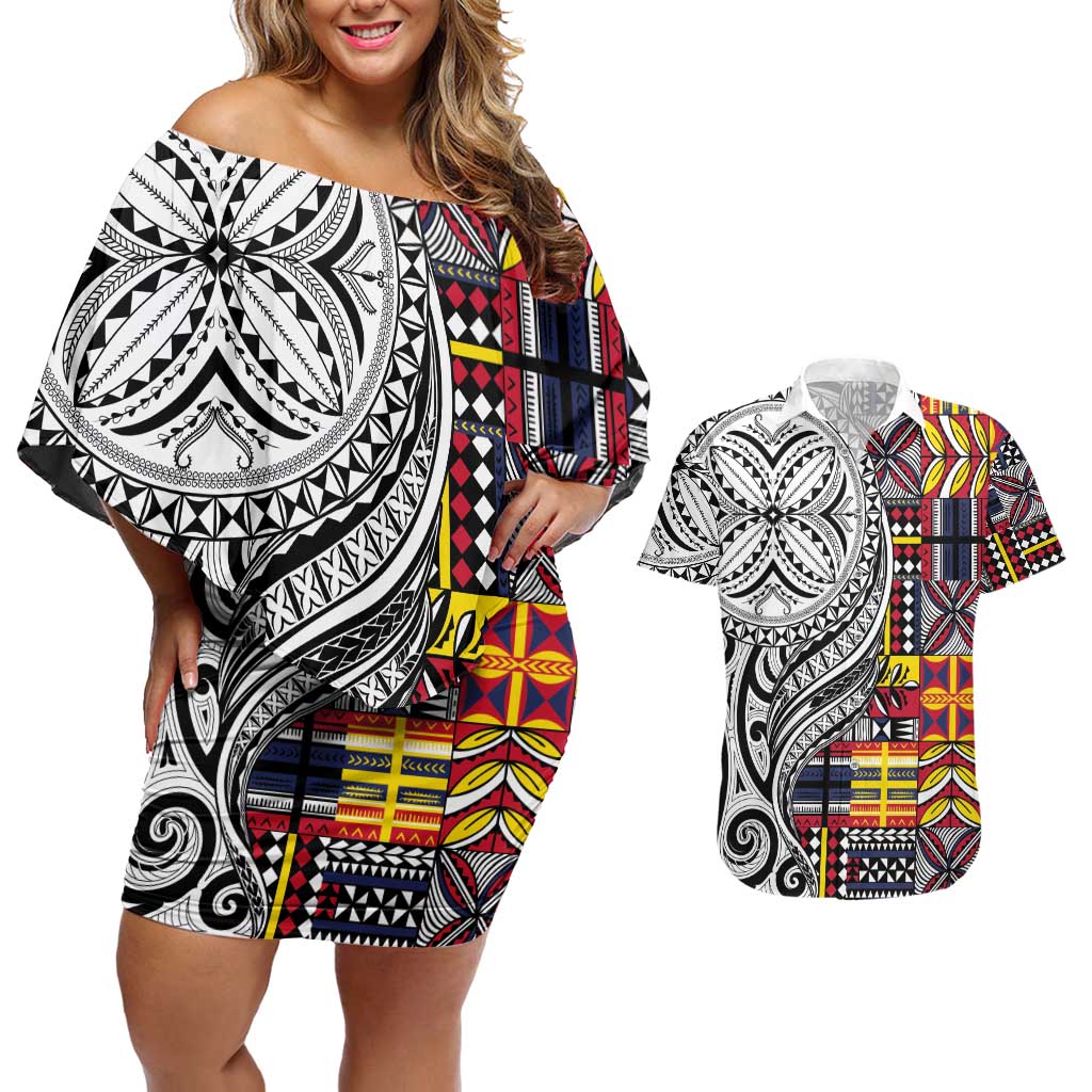 Niue Hiapo and Maori Decoration Tattoos Couples Matching Off Shoulder Short Dress and Hawaiian Shirt - Polynesian Pride