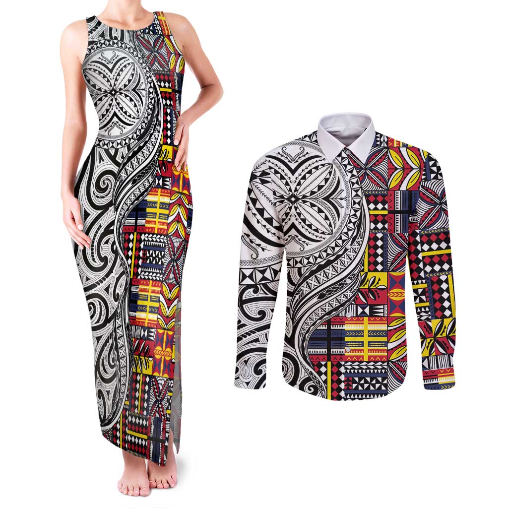 Niue Hiapo and Maori Decoration Tattoos Couples Matching Tank Maxi Dress and Long Sleeve Button Shirt - Polynesian Pride