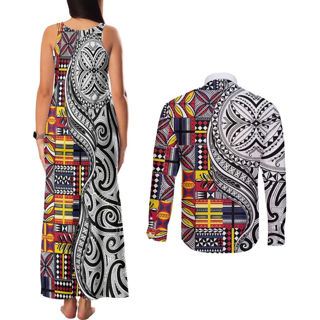 Niue Hiapo and Maori Decoration Tattoos Couples Matching Tank Maxi Dress and Long Sleeve Button Shirt - Polynesian Pride