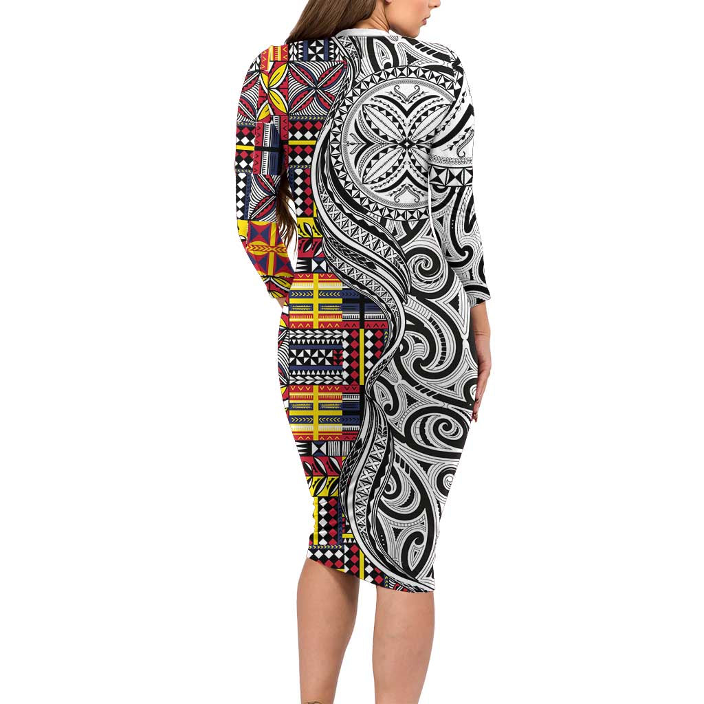 Niue Hiapo and Maori Decoration Tattoos Family Matching Long Sleeve Bodycon Dress and Hawaiian Shirt - Polynesian Pride