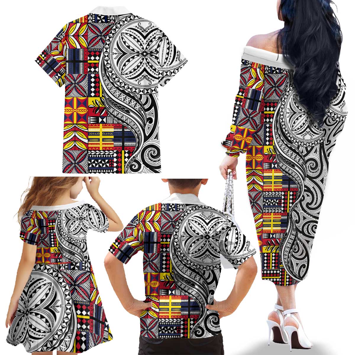 Niue Hiapo and Maori Decoration Tattoos Family Matching Off The Shoulder Long Sleeve Dress and Hawaiian Shirt - Polynesian Pride