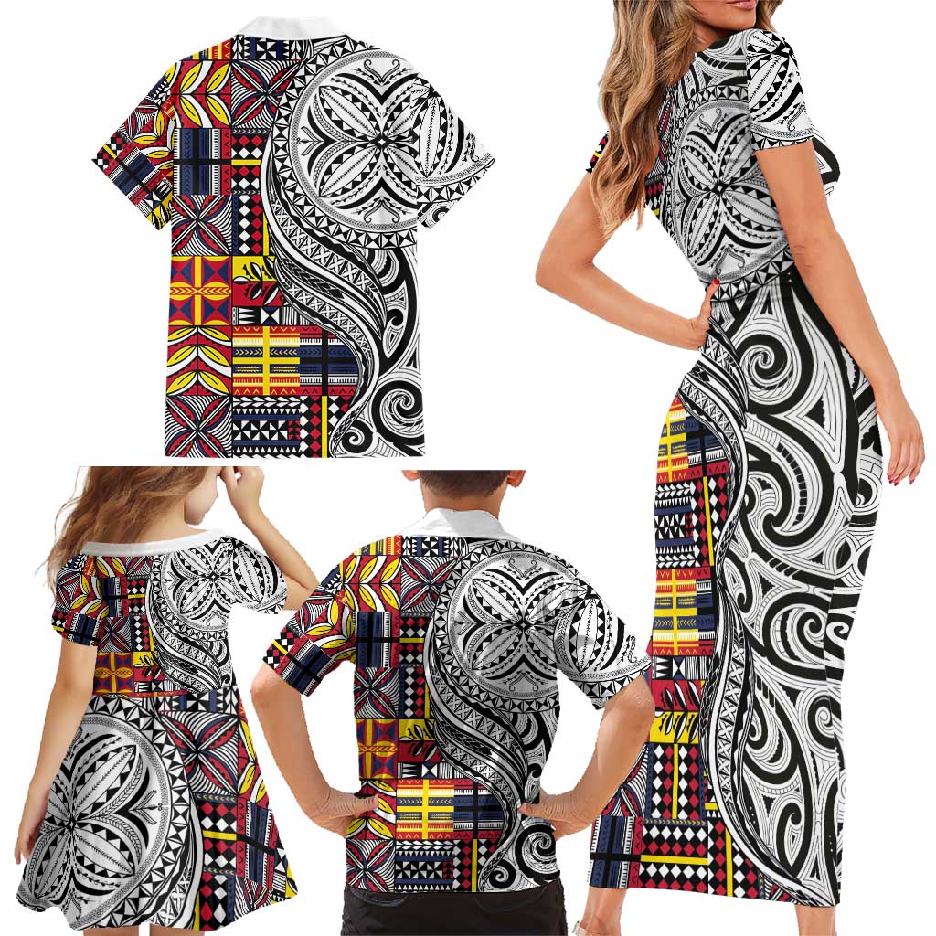 Niue Hiapo and Maori Decoration Tattoos Family Matching Short Sleeve Bodycon Dress and Hawaiian Shirt - Polynesian Pride